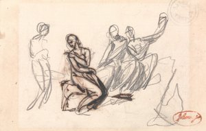 Tre siddende figurer og en stående figur af George Romney